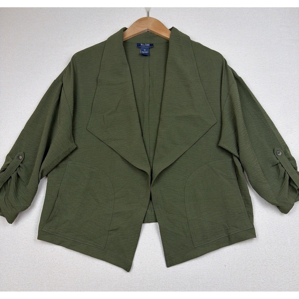 NYCC Open Front Cardigan Blazer Size PL Olive Green Lightweight Pockets Office